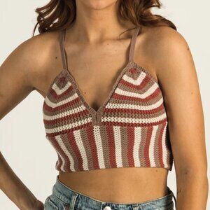 Harlow Alexis Crochet Crop Tank Top Boho Bralette Brown Cream Women's Small